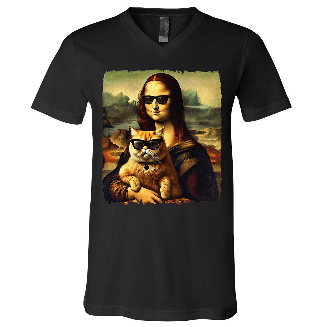 Mona Lisa Holding Cat Wearing Sunglass Kitty For Cats Lover V-Neck T-Shirt