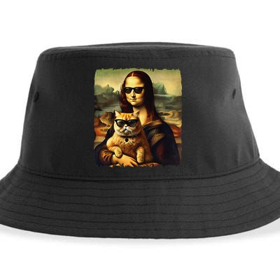 Mona Lisa Holding Cat Wearing Sunglass Kitty For Cats Lover Sustainable Bucket Hat