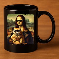 Mona Lisa Holding Cat Wearing Sunglass Kitty For Cats Lover 11oz C Handle Ceramic Mug