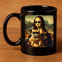 Mona Lisa Holding Cat Wearing Sunglass Kitty For Cats Lover 11oz C Handle Ceramic Mug