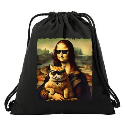 Mona Lisa Holding Cat Wearing Sunglass Kitty For Cats Lover Drawstring Bag