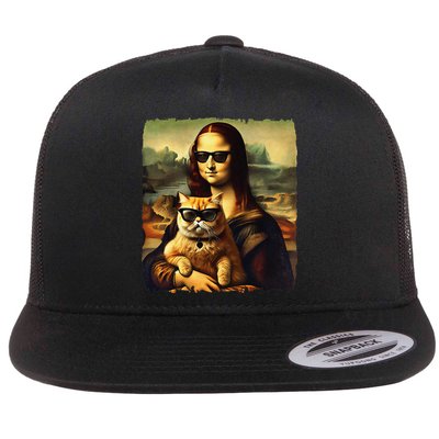 Mona Lisa Holding Cat Wearing Sunglass Kitty For Cats Lover Flat Bill Trucker Hat