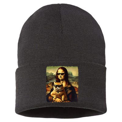 Mona Lisa Holding Cat Wearing Sunglass Kitty For Cats Lover Sustainable Knit Beanie