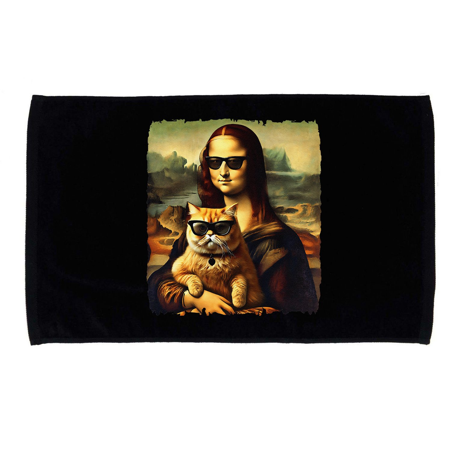 Mona Lisa Holding Cat Wearing Sunglass Kitty For Cats Lover Microfiber Hand Towel