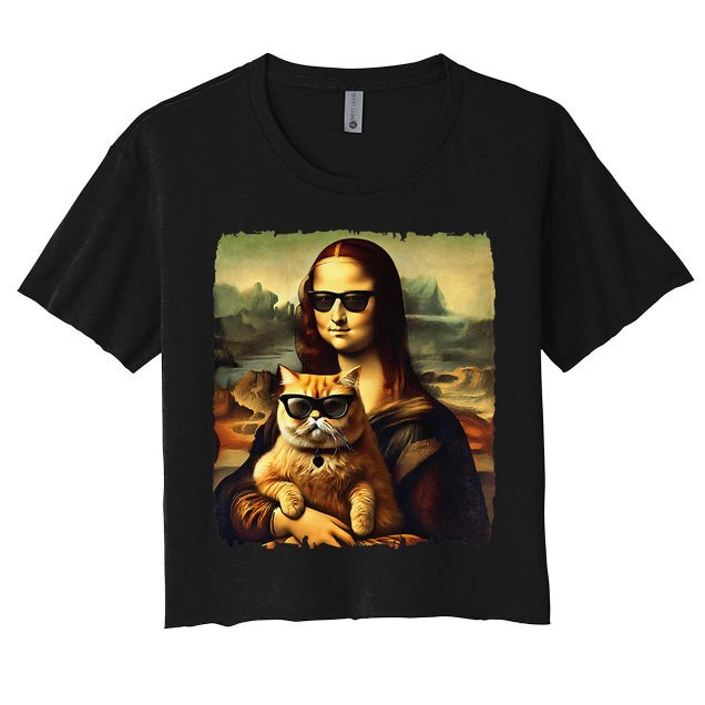 Mona Lisa Holding Cat Wearing Sunglass Kitty For Cats Lover Women's Crop Top Tee