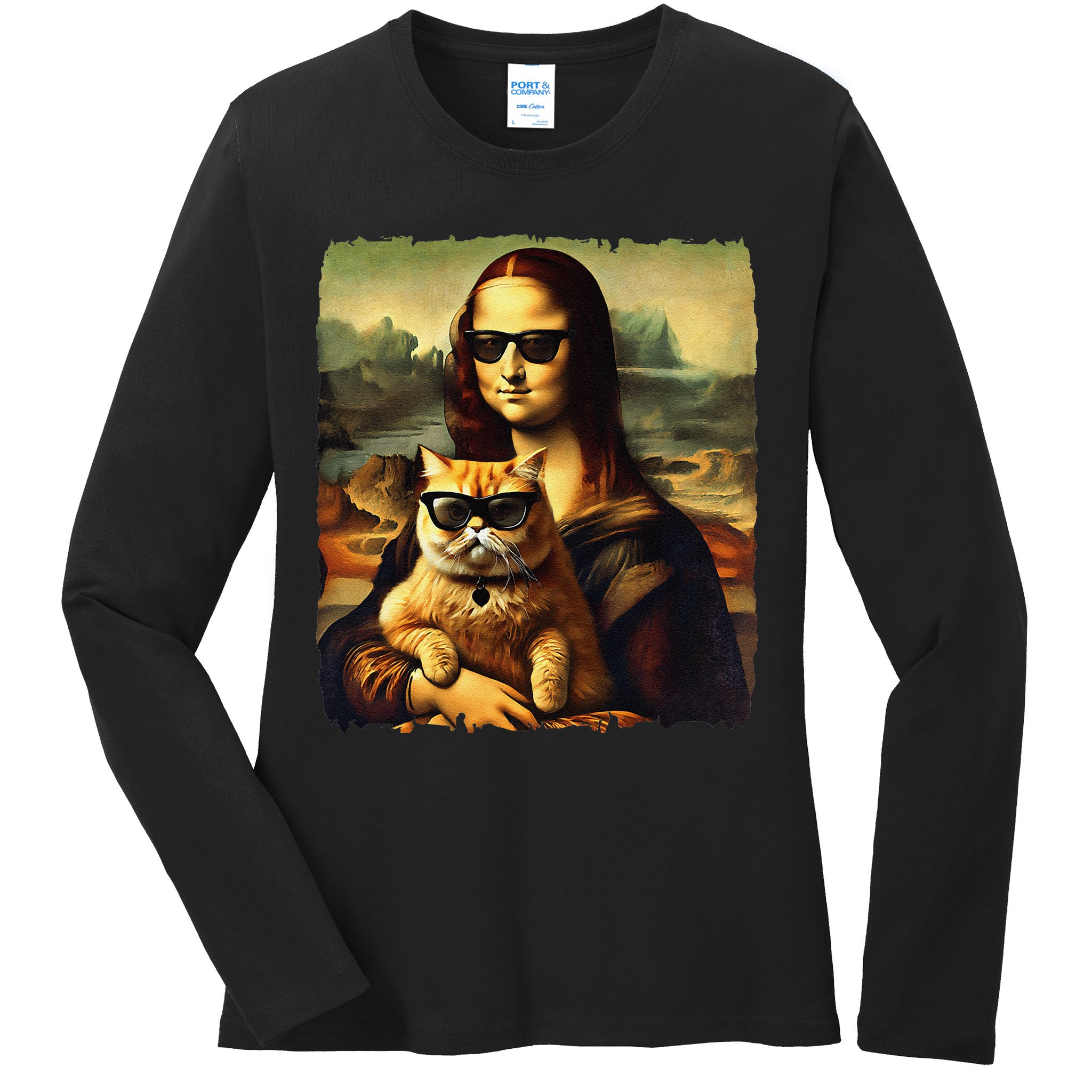 Mona Lisa Holding Cat Wearing Sunglass Kitty For Cats Lover Ladies Long Sleeve Shirt