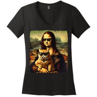 Mona Lisa Holding Cat Wearing Sunglass Kitty For Cats Lover Women's V-Neck T-Shirt