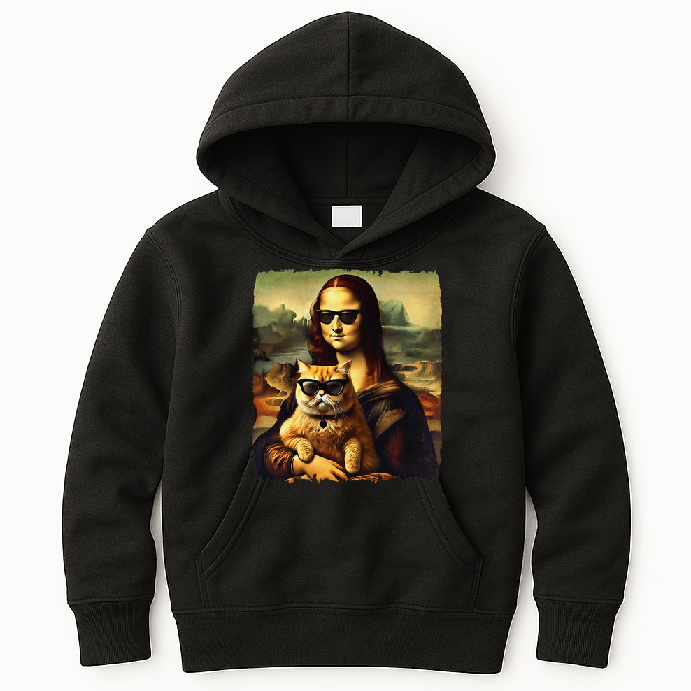 Mona Lisa Holding Cat Wearing Sunglass Kitty For Cats Lover Kids Hoodie