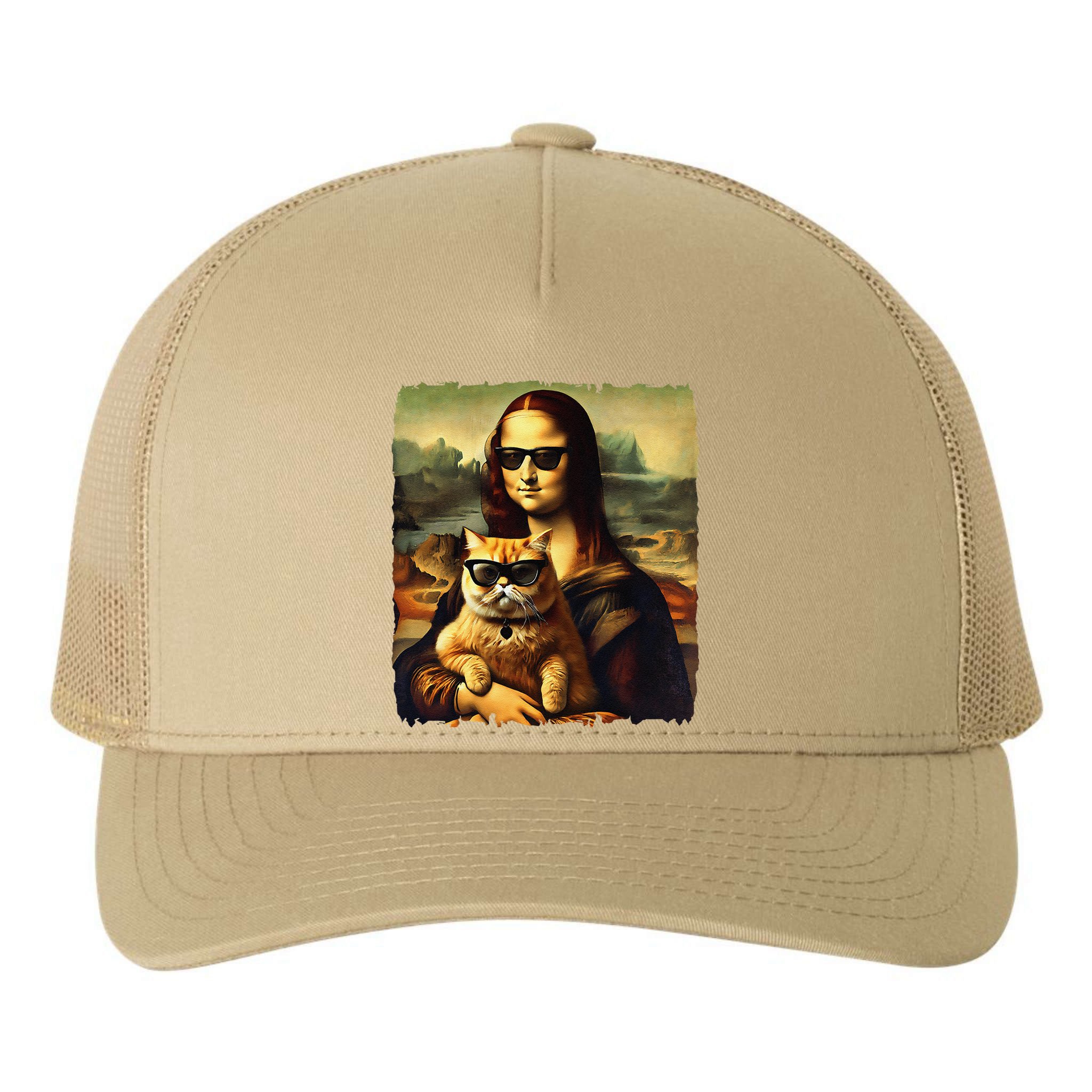 Mona Lisa Holding Cat Wearing Sunglass Kitty For Cats Lover Yupoong Adult 5-Panel Trucker Hat