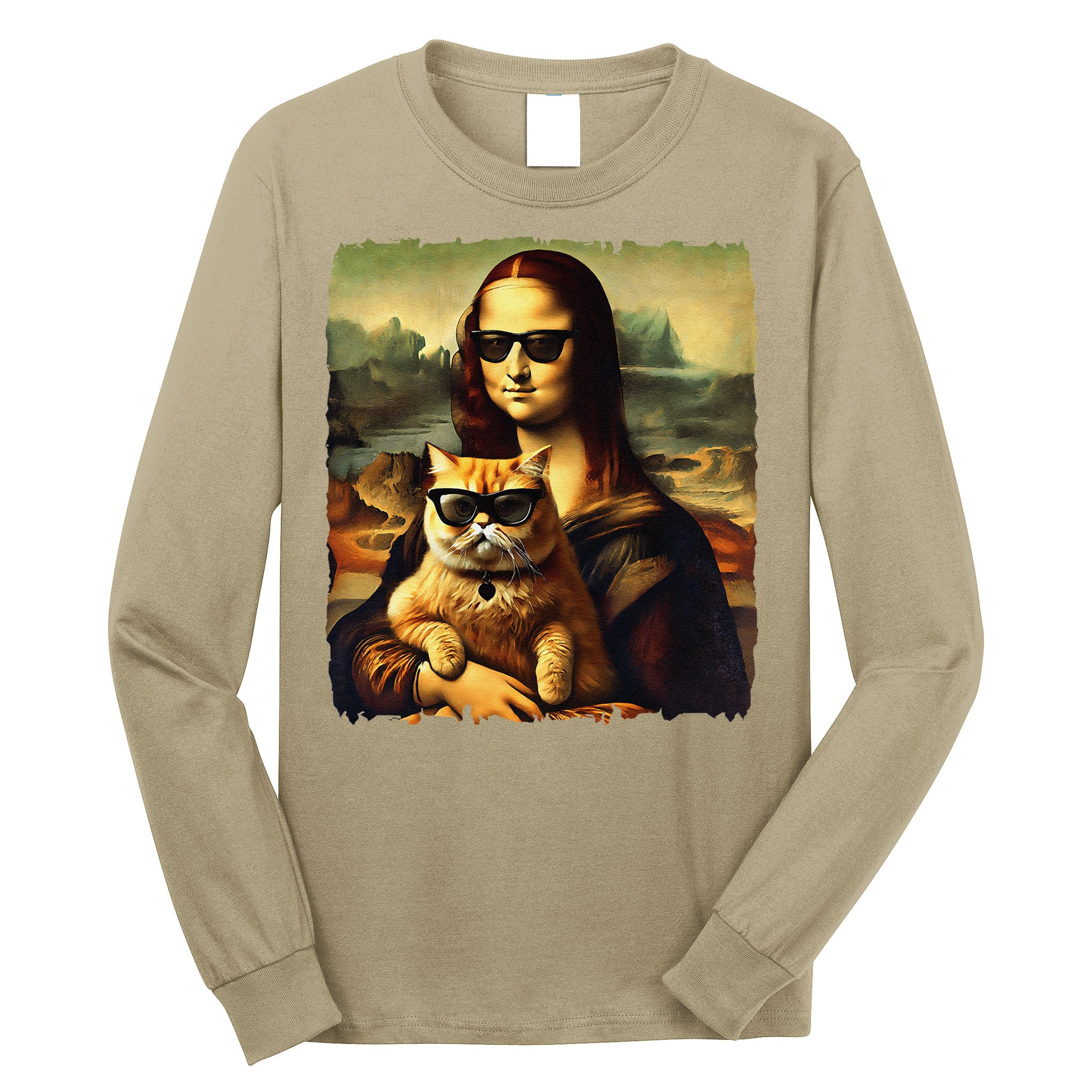 Mona Lisa Holding Cat Wearing Sunglass Kitty For Cats Lover Long Sleeve Shirt