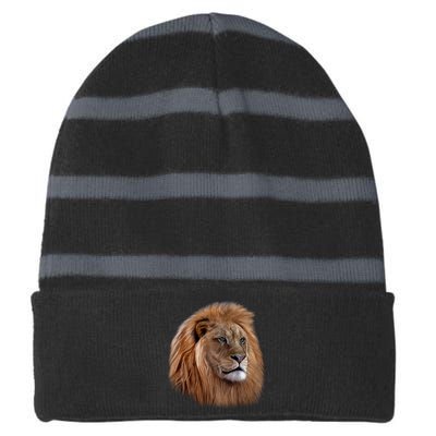 Majestic Lion Head Striped Beanie with Solid Band