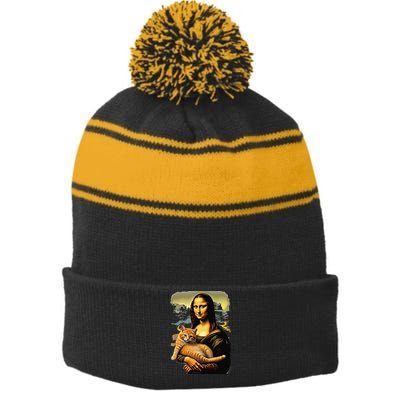 Mona Lisa Hugging Cat Stripe Pom Pom Beanie