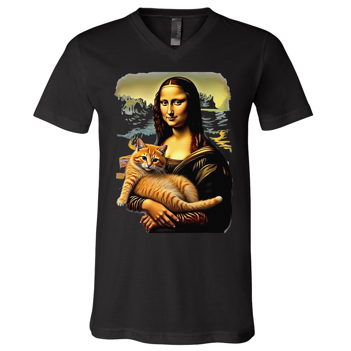 Mona Lisa Hugging Cat V-Neck T-Shirt