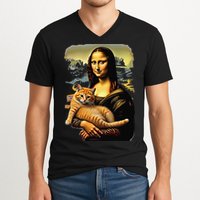 Mona Lisa Hugging Cat V-Neck T-Shirt