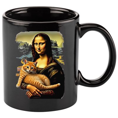 Mona Lisa Hugging Cat 11oz C Handle Ceramic Mug