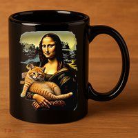 Mona Lisa Hugging Cat 11oz C Handle Ceramic Mug