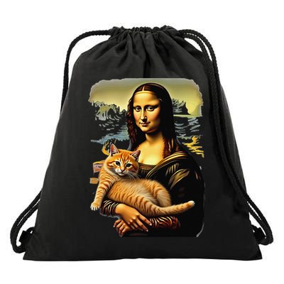 Mona Lisa Hugging Cat Drawstring Bag