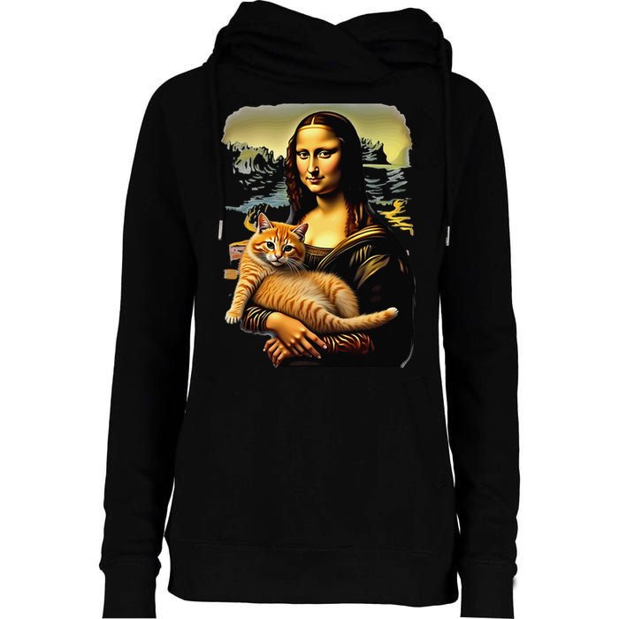 Mona Lisa Hugging Cat Womens Funnel Neck Pullover Hood