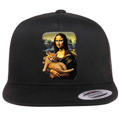 Mona Lisa Hugging Cat Flat Bill Trucker Hat