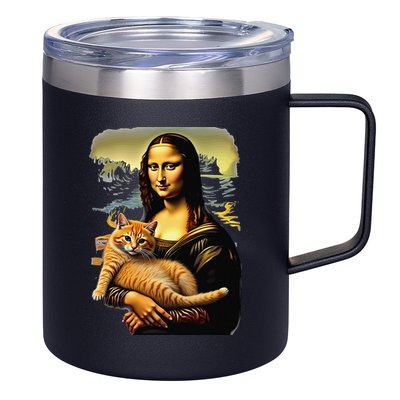 Mona Lisa Hugging Cat 12oz Stainless Steel Coffee Mug