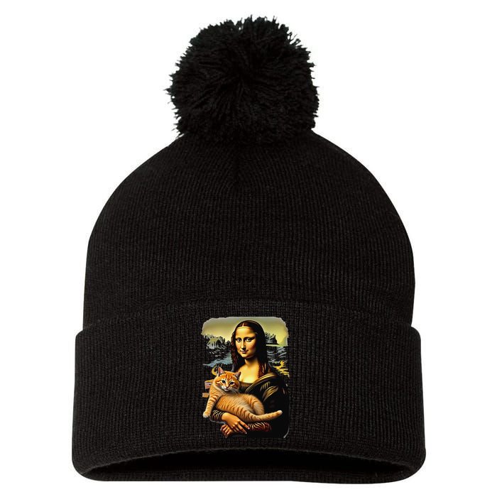 Mona Lisa Hugging Cat Pom Pom 12in Knit Beanie