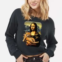 Mona Lisa Hugging Cat Cropped Pullover Crew