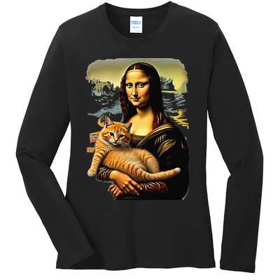 Mona Lisa Hugging Cat Ladies Long Sleeve Shirt