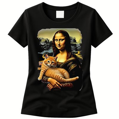 Mona Lisa Hugging Cat Womens T-Shirt