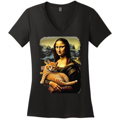 Mona Lisa Hugging Cat Women's V-Neck T-Shirt