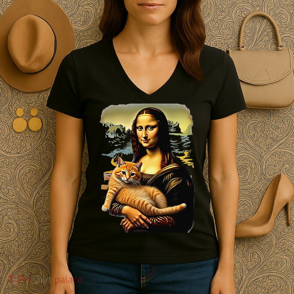 Mona Lisa Hugging Cat Women's V-Neck T-Shirt