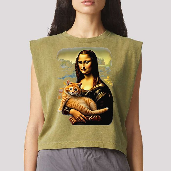 Mona Lisa Hugging Cat Garment-Dyed Women's Muscle Tee