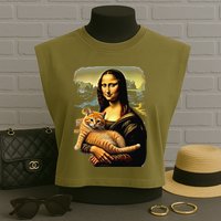 Mona Lisa Hugging Cat Garment-Dyed Women's Muscle Tee