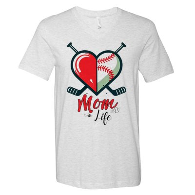 Mom Life Heart Funny Baseball Hockey Mom Mothers Day V-Neck T-Shirt