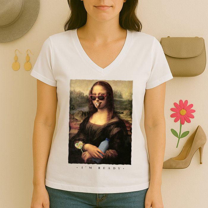 Mona Lisa I'm Ready Funny Party Women's V-Neck T-Shirt