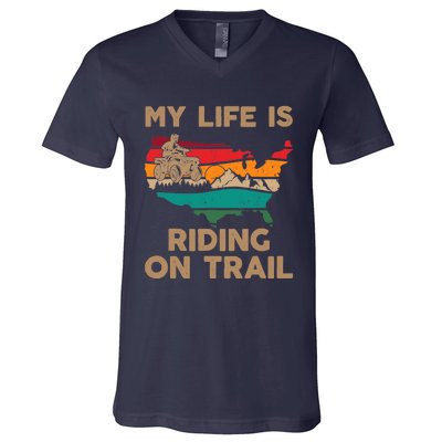 My Life Is Riding On Trail Quad ATV Squad USA Flag 4 Wheeler V-Neck T-Shirt