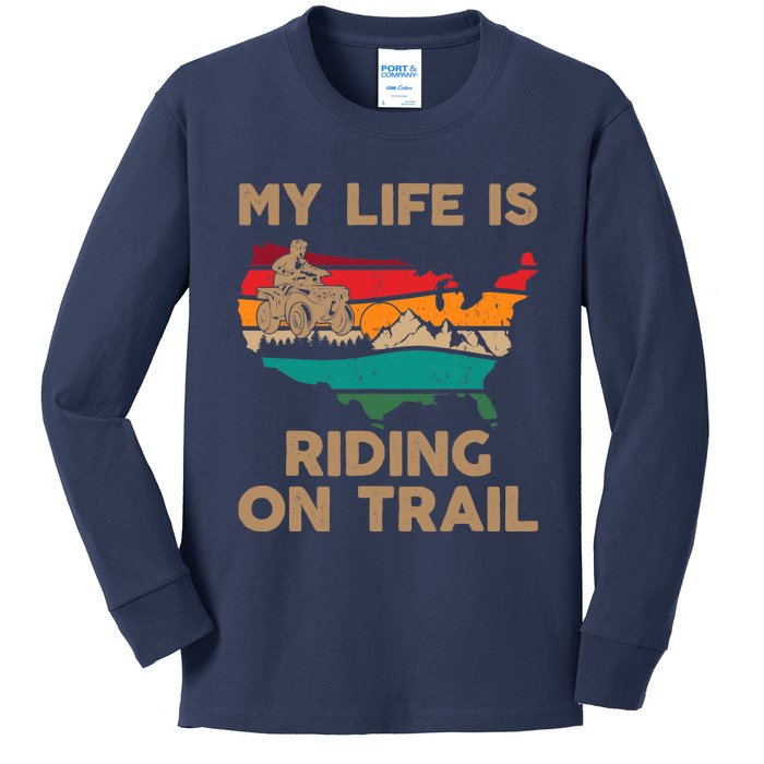 My Life Is Riding On Trail Quad ATV Squad USA Flag 4 Wheeler Kids Long Sleeve Shirt