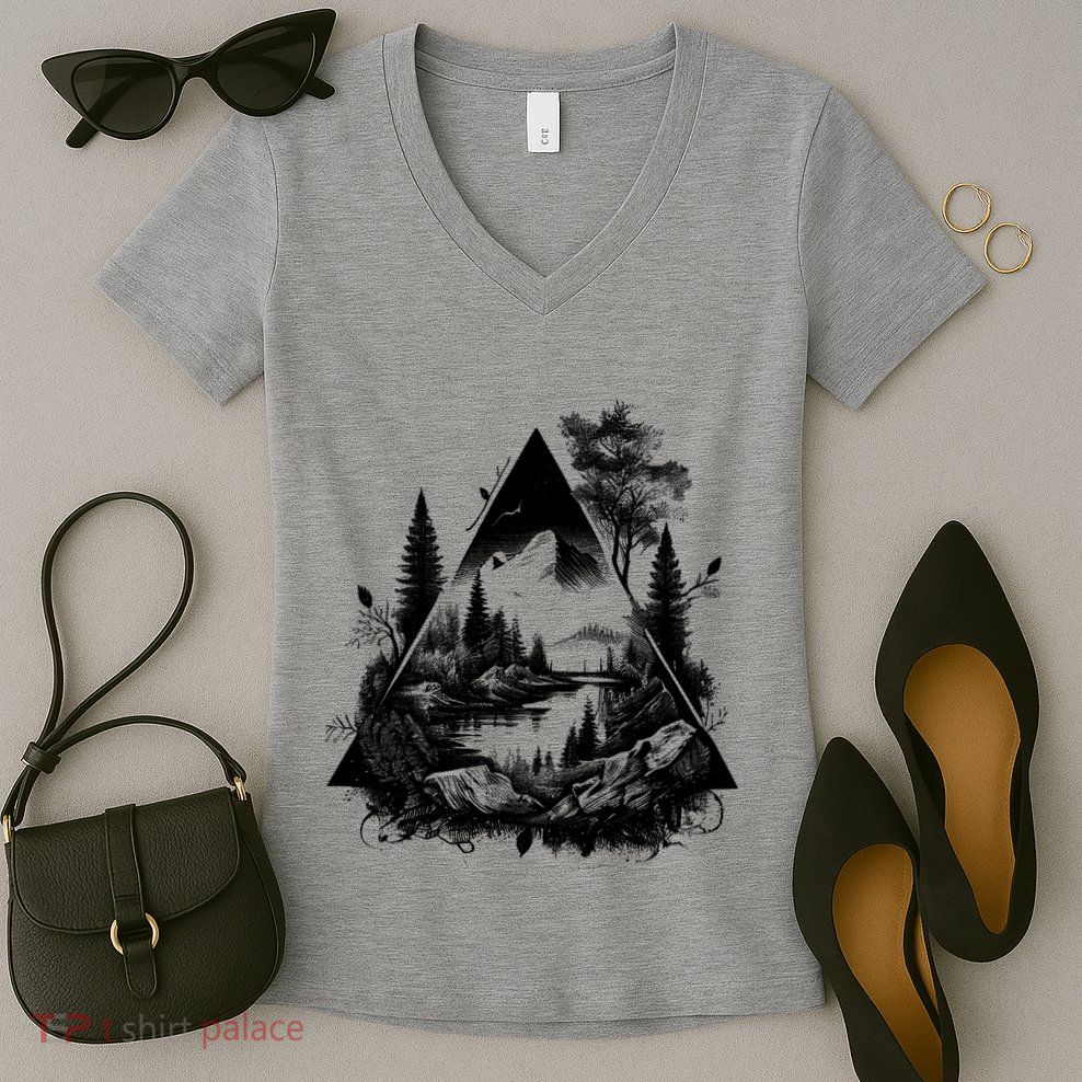 Mountain Landscape In A Triangle Women's V-Neck T-Shirt