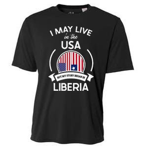 May Live In The Usa But My Story Began In Liberia Flag Gift Cooling Performance Crew T-Shirt