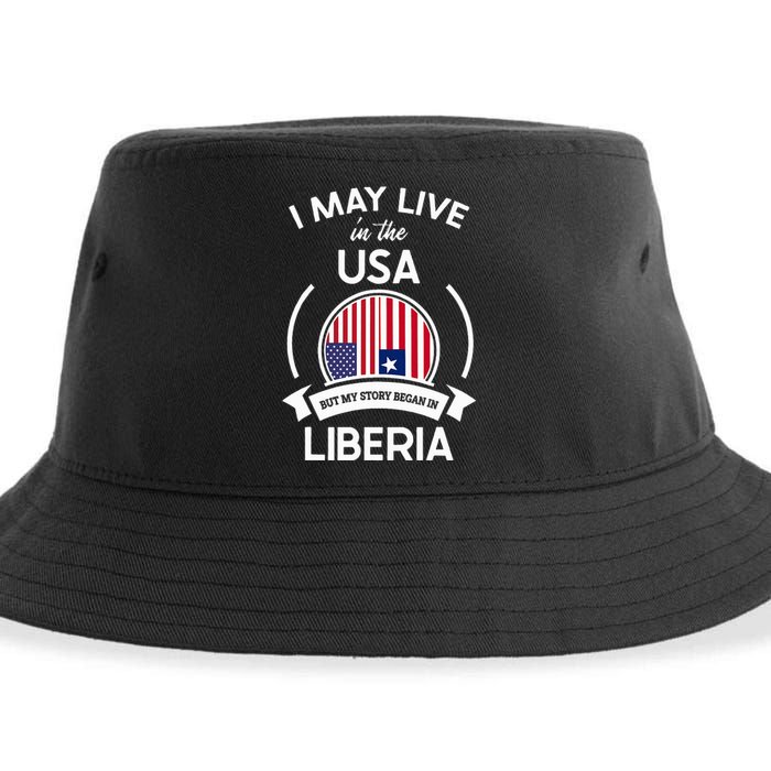 May Live In The Usa But My Story Began In Liberia Flag Gift Sustainable Bucket Hat