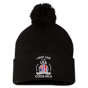 May Live In Usa But My Story Began In Costa Rica Flag Pom Pom 12in Knit Beanie