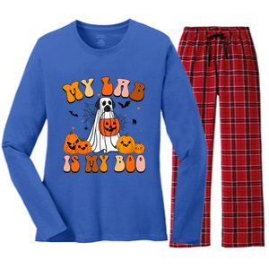 My Lab Is My Boo Dog Ghost Dog Halloween Retro Labrador Mama Gift Women's Long Sleeve Flannel Pajama Set 