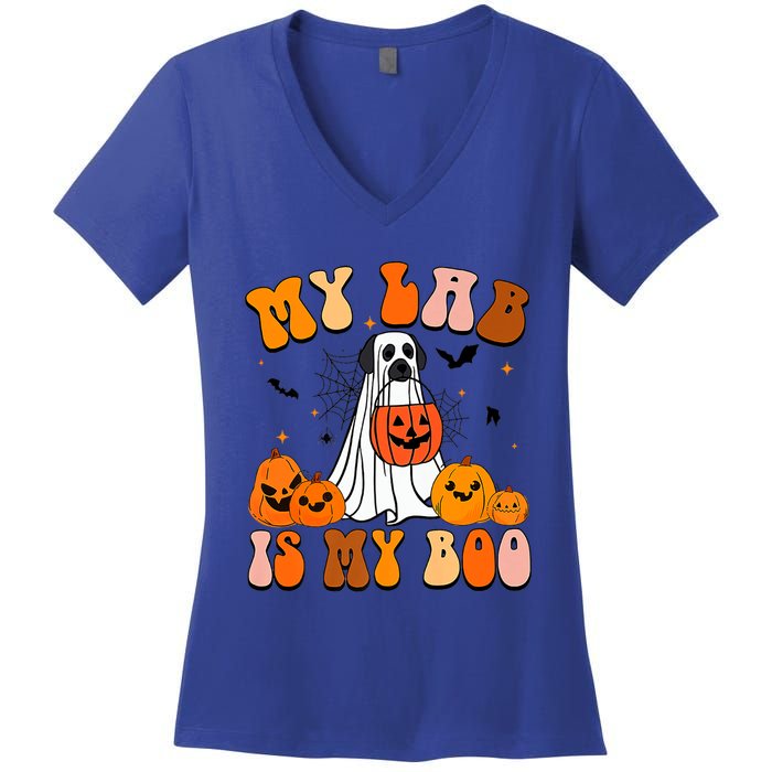 My Lab Is My Boo Dog Ghost Dog Halloween Retro Labrador Mama Gift Women's V-Neck T-Shirt