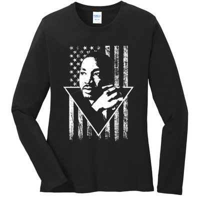 Martin Luther King Jr Distressed USA Flag Ladies Long Sleeve Shirt