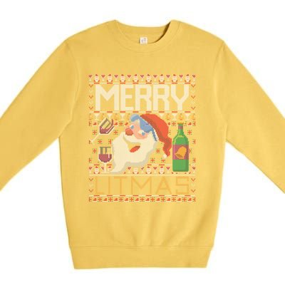 Merry Litmas Lit Santa Claus Wine Ugly Christmas Sweater Cute Gift Premium Crewneck Sweatshirt