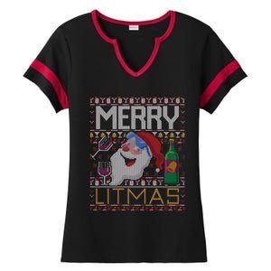 Merry Litmas Lit Santa Claus Wine Ugly Christmas Sweater Cute Gift Ladies Halftime Notch Neck Tee