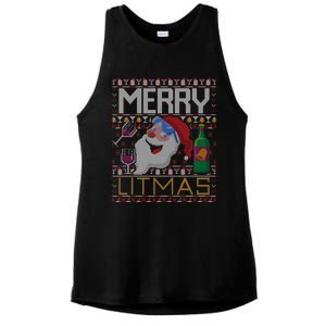 Merry Litmas Lit Santa Claus Wine Ugly Christmas Sweater Cute Gift Ladies PosiCharge Tri-Blend Wicking Tank