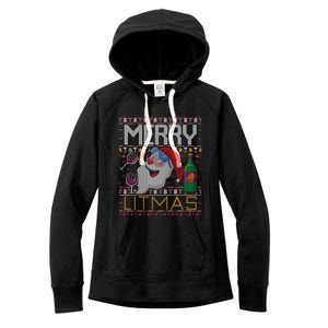 Merry Litmas Lit Santa Claus Wine Ugly Christmas Sweater Cute Gift Women's Fleece Hoodie