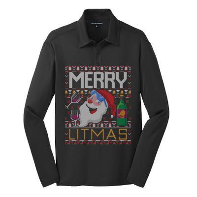 Merry Litmas Lit Santa Claus Wine Ugly Christmas Sweater Cute Gift Silk Touch Performance Long Sleeve Polo