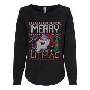 Merry Litmas Lit Santa Claus Wine Ugly Christmas Sweater Cute Gift Womens California Wash Sweatshirt