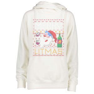 Merry Litmas Lit Santa Claus Wine Ugly Christmas Sweater Cute Gift Womens Funnel Neck Pullover Hood